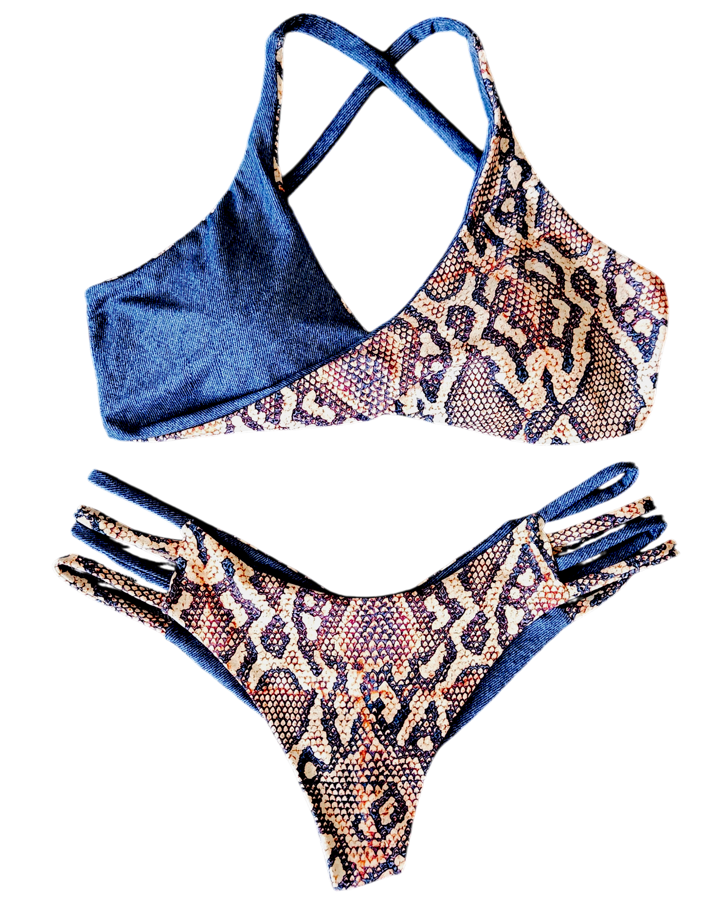 The Denim Venom Twist Bikini Top and Reversible Bottom